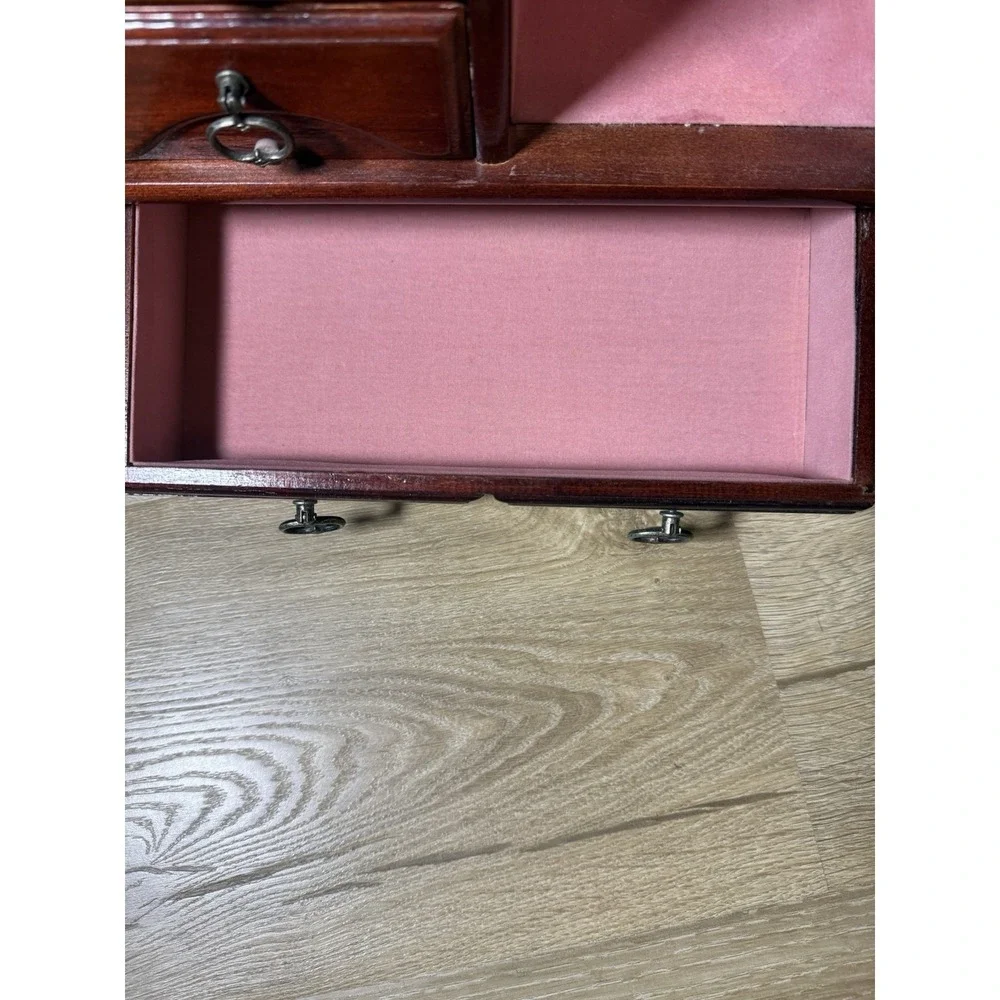 Tabletop Mahogany Jewelry Armoire Box Storage Chest Etched Glass Door 6 Drawers